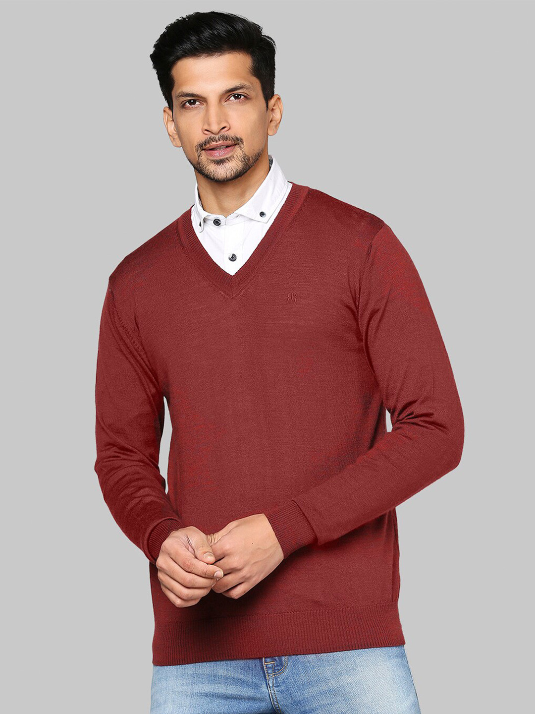 Raymond Men Maroon Solid Woolen Pullover