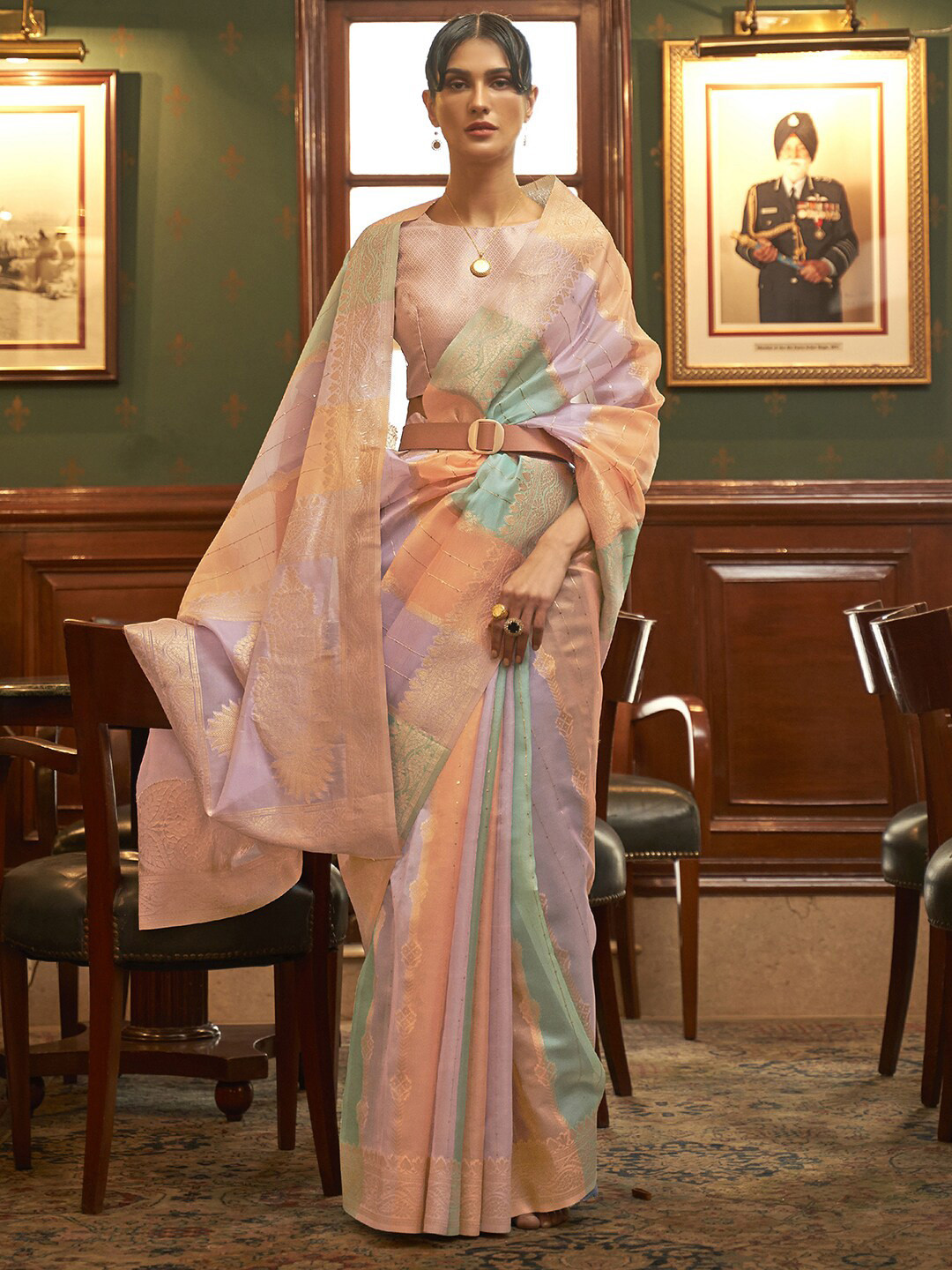 Mitera Purple & Green Woven Design Zari Organza Banarasi Saree