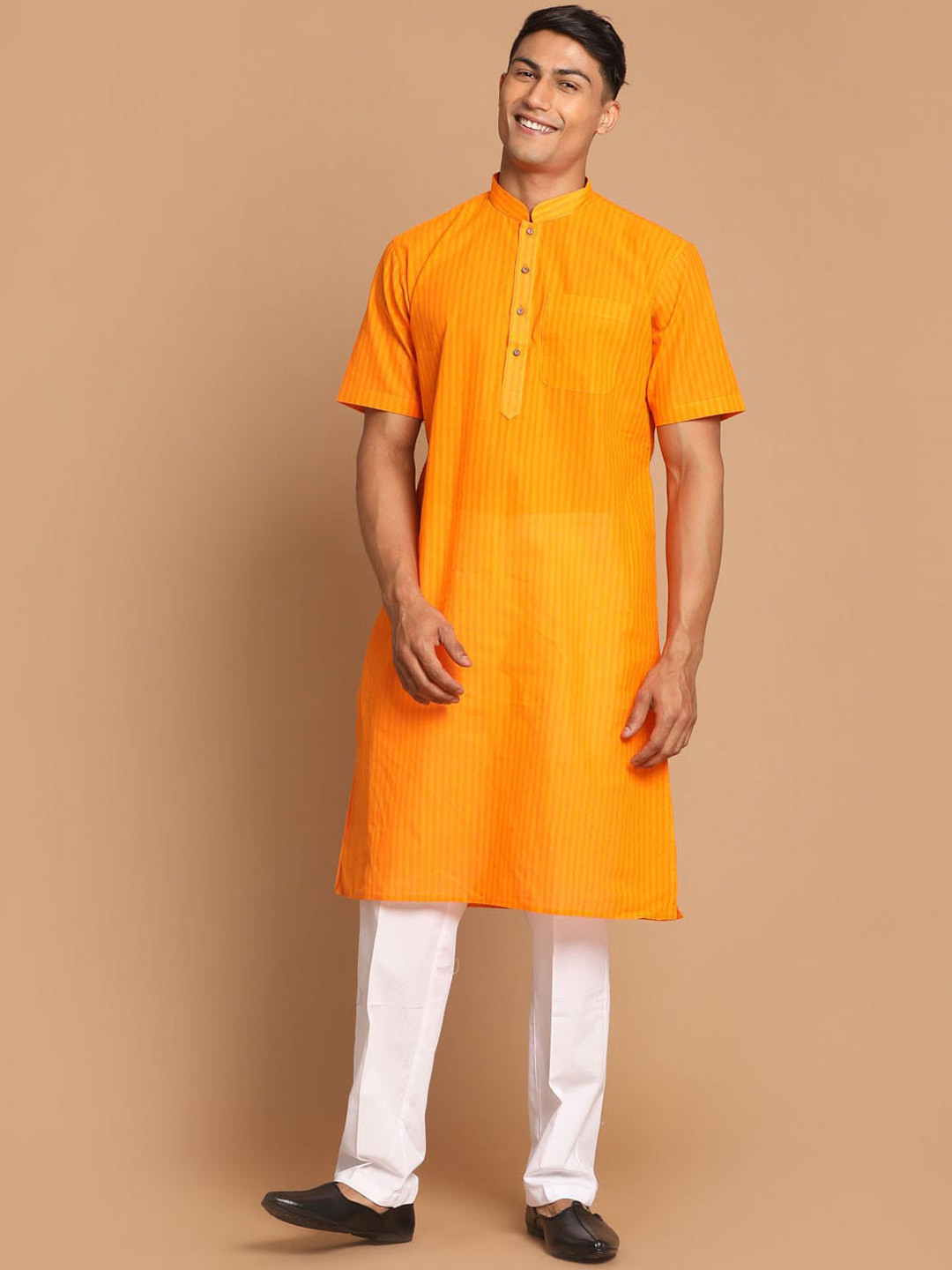 VASTRAMAY Men Orange Pure Cotton Kurti with Pyjamas