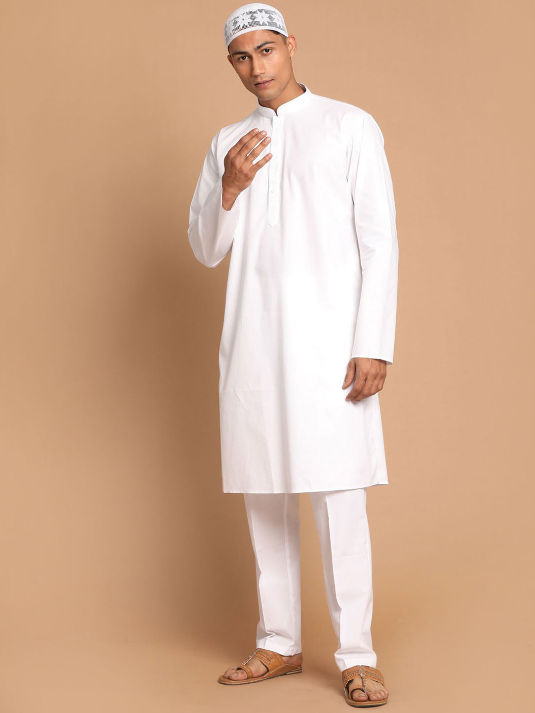 VASTRAMAY Men White Angrakha Pure Cotton Kurti with Pyjamas