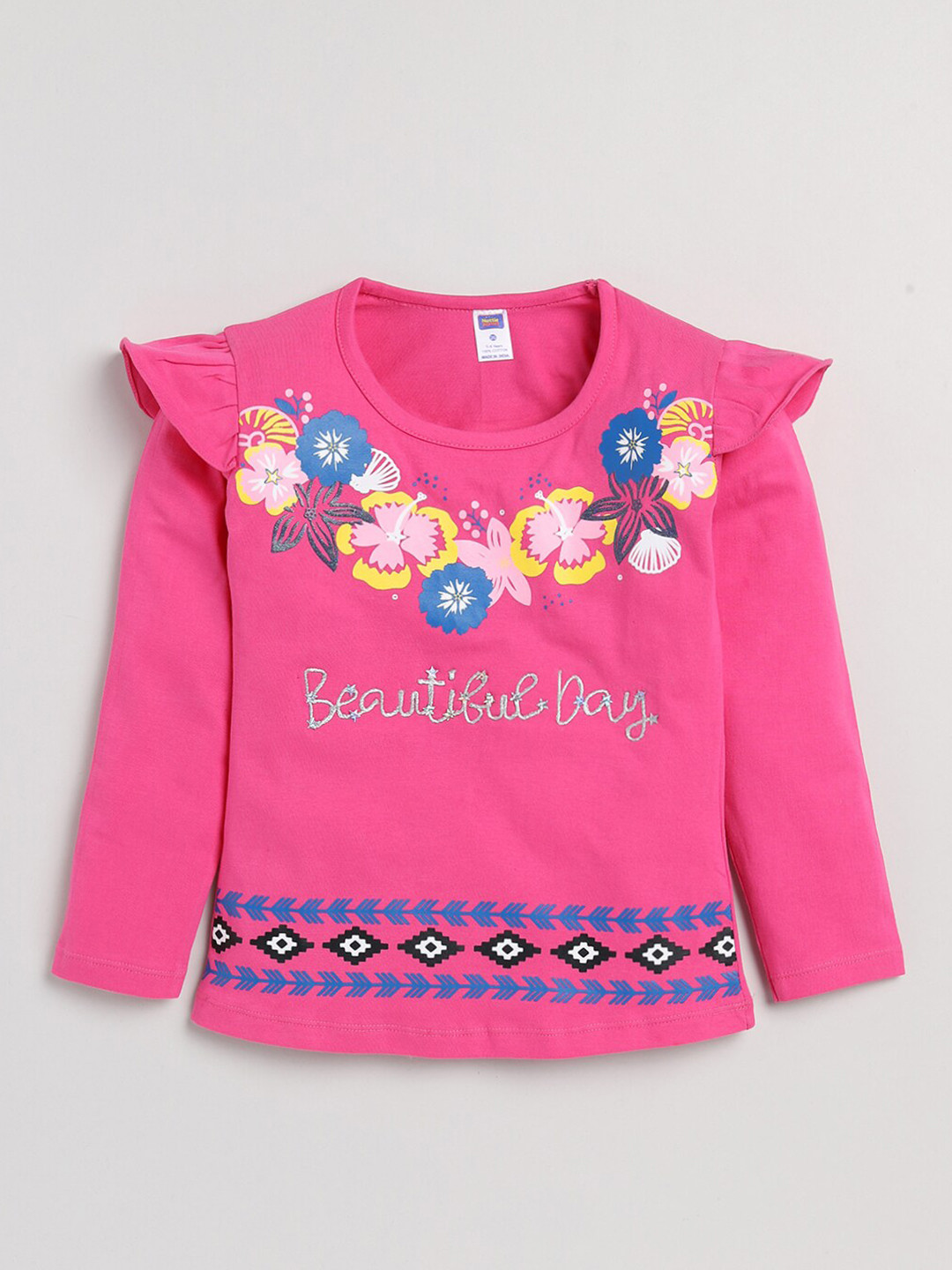 Nottie Planet Girls Fuchsia Pure Cotton Floral Printed T-shirt