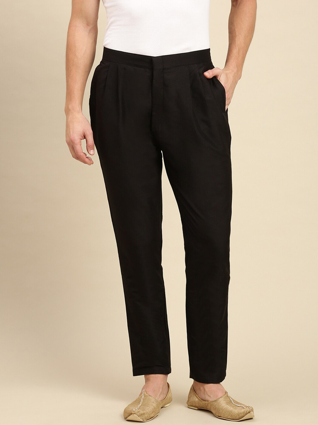 Here&Now X Sanwara  Men Black Solid Art Silk Pyjamas