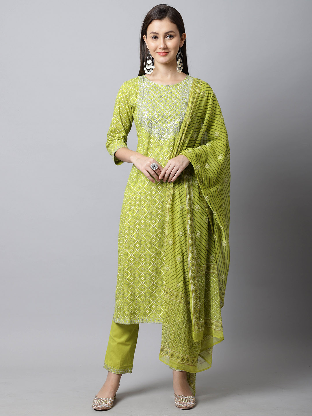 Rajnandini Women Green Floral Yoke Design Pure Cotton Kurta with Trousers & With Dupatta