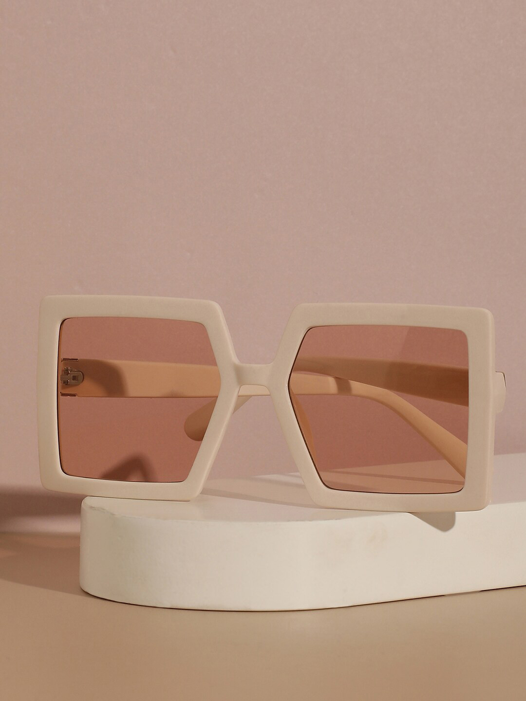 HAUTE SAUCE Women Brown Lens & White Rectangle Sunglasses Polarised Lens