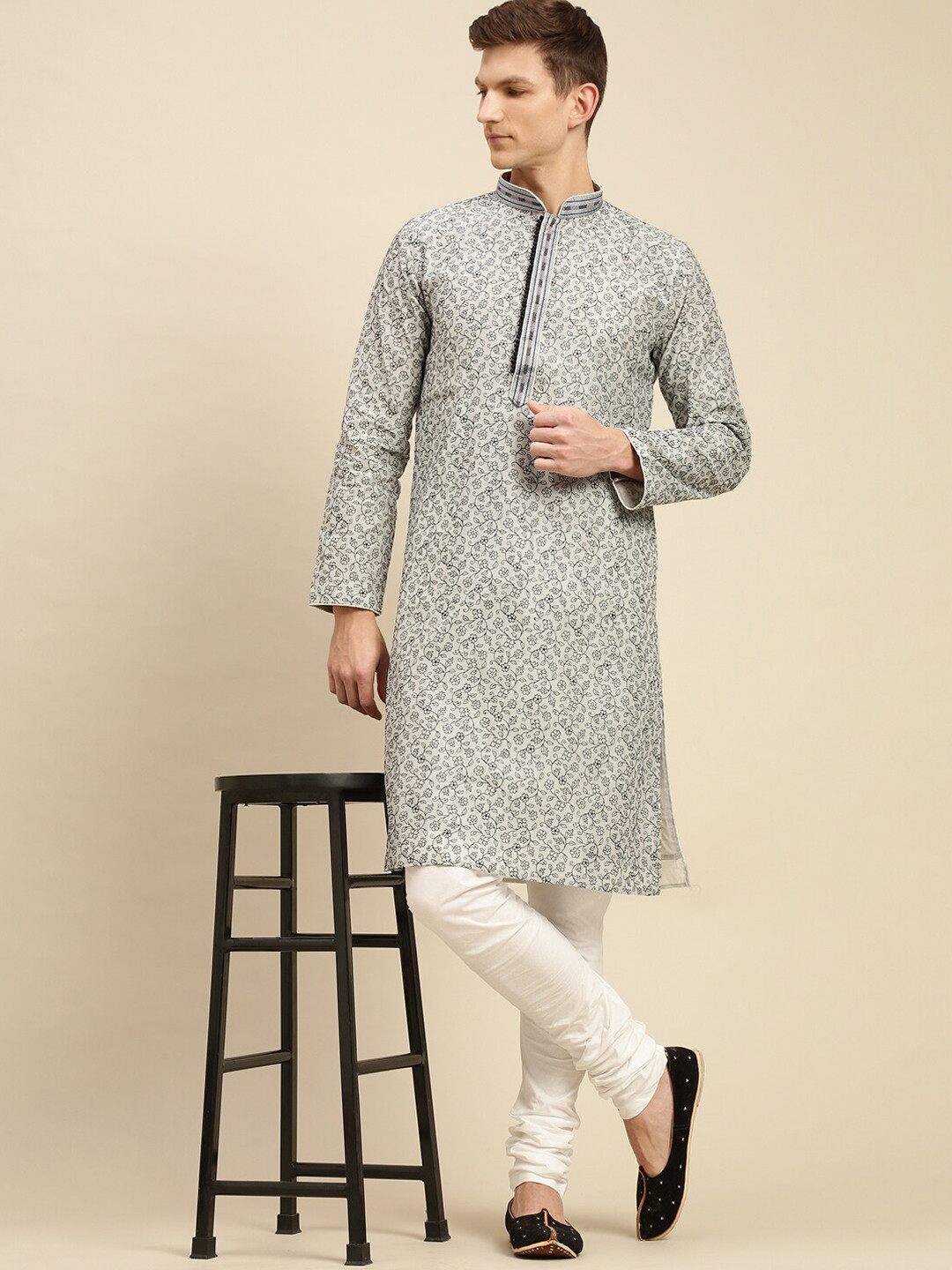 Here&Now X Sanwara  Men Grey Striped Angrakha Kurti with Dhoti Pants