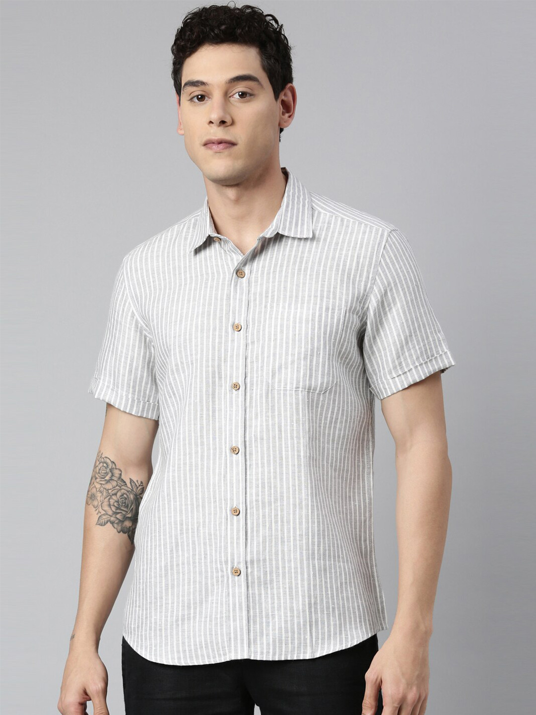 Ecentric Men Grey Striped Pure Hemp Sustainable Casual Shirt