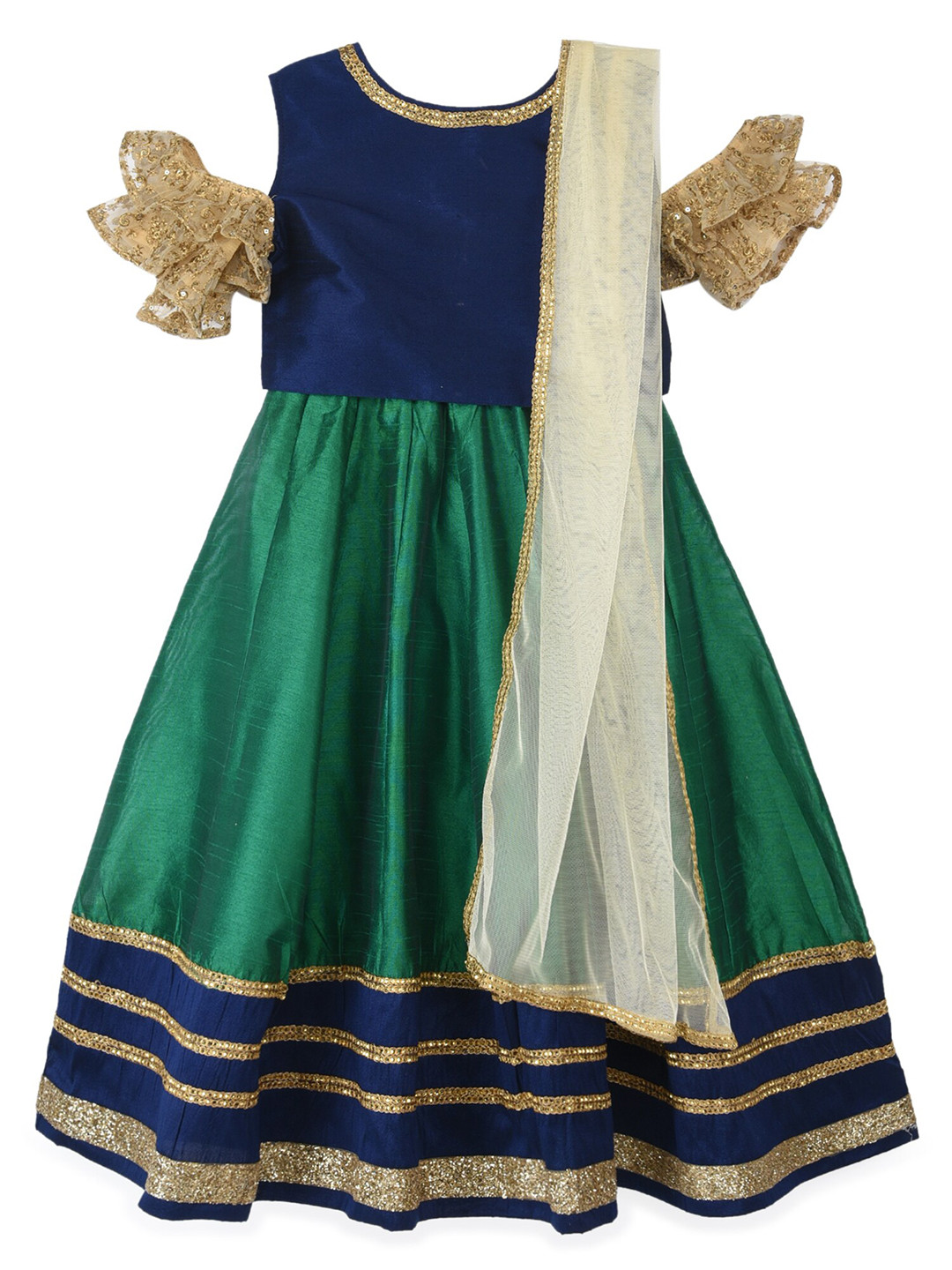 HERE&NOW Girls Green & Blue Solid Lehenga & Blouse With Dupatta
