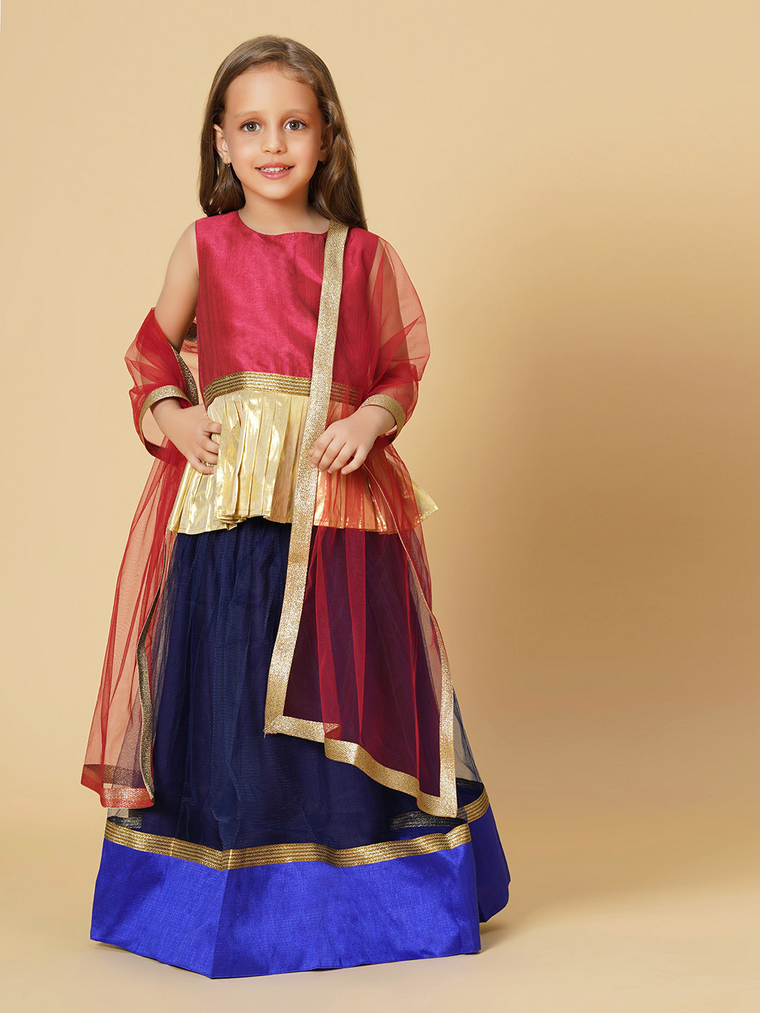 HERE&NOW Girls Maroon & Red Ready to Wear Lehenga & Blouse With Dupatta