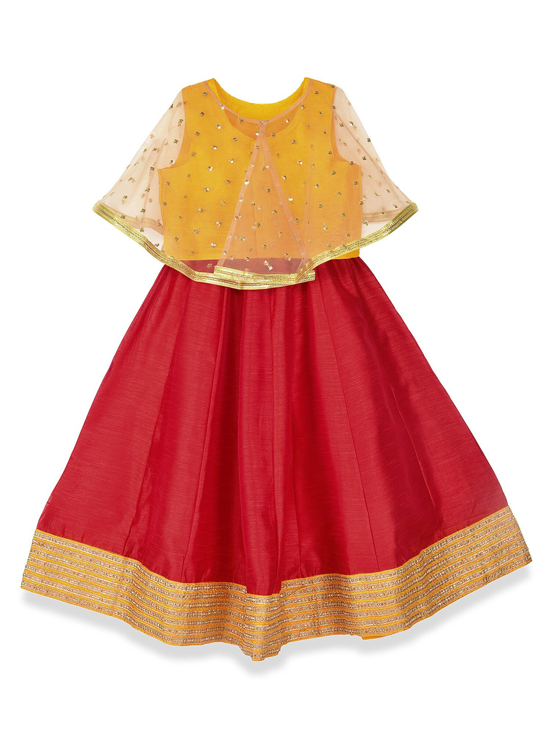 HERE&NOW Girls Red & Mustard Embellished Sequinned Lehenga