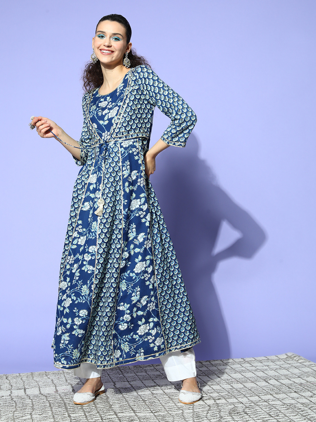 Sunehri Women Deeo Blue Cotton Fluid Tie-Up Kurta