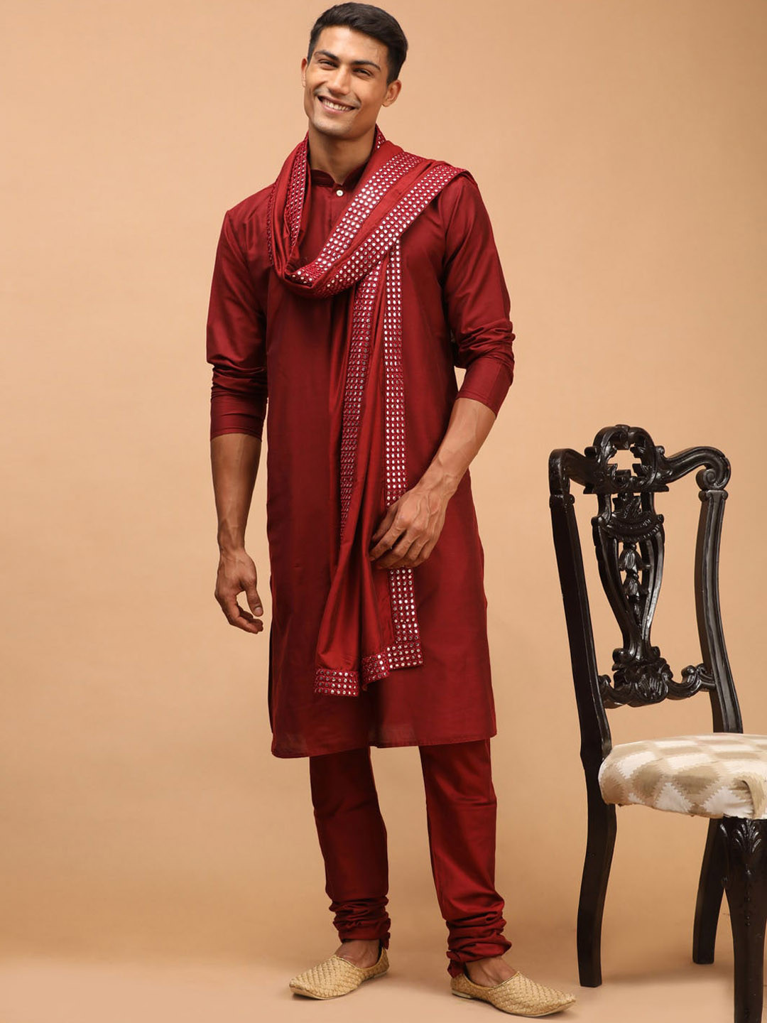 VASTRAMAY Men Maroon Layered Kurta with Churidar & With Dupatta