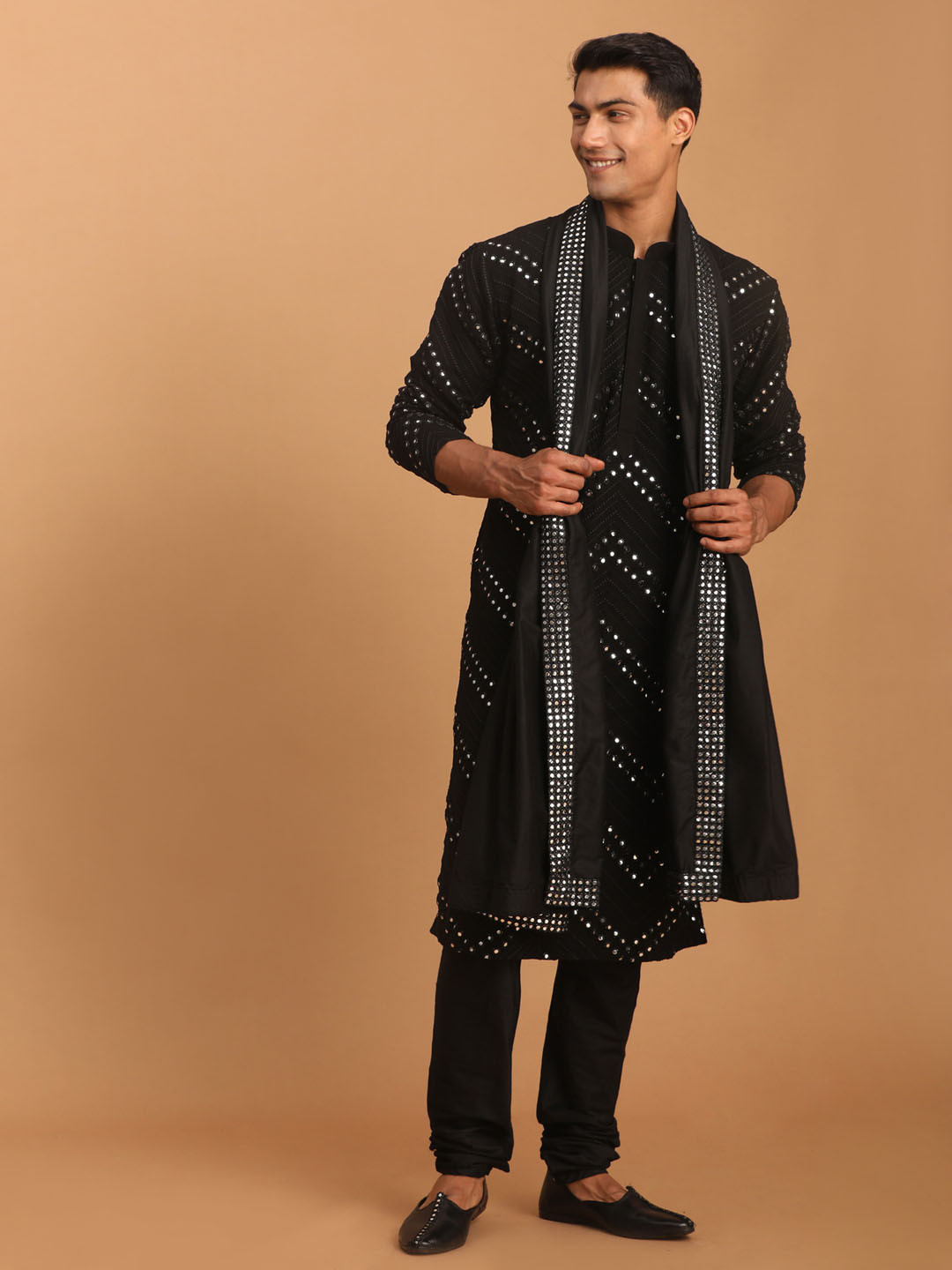 VASTRAMAY Men Black Embroidered Pleated Mirror Work Kurta with Churidar & With Dupatta