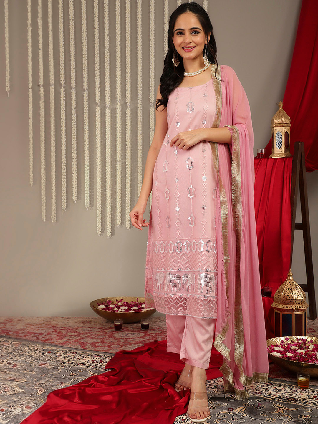 Varanga Women Pink & Silver Ethnic Embroidered Sequinned Kurta with Trousers & Dupatta
