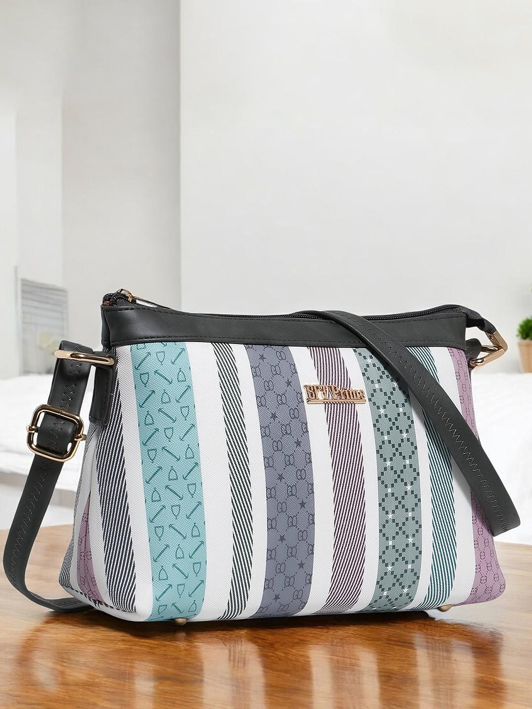 WOMEN MARKS Grey Melange Striped PU Structured Sling Bag