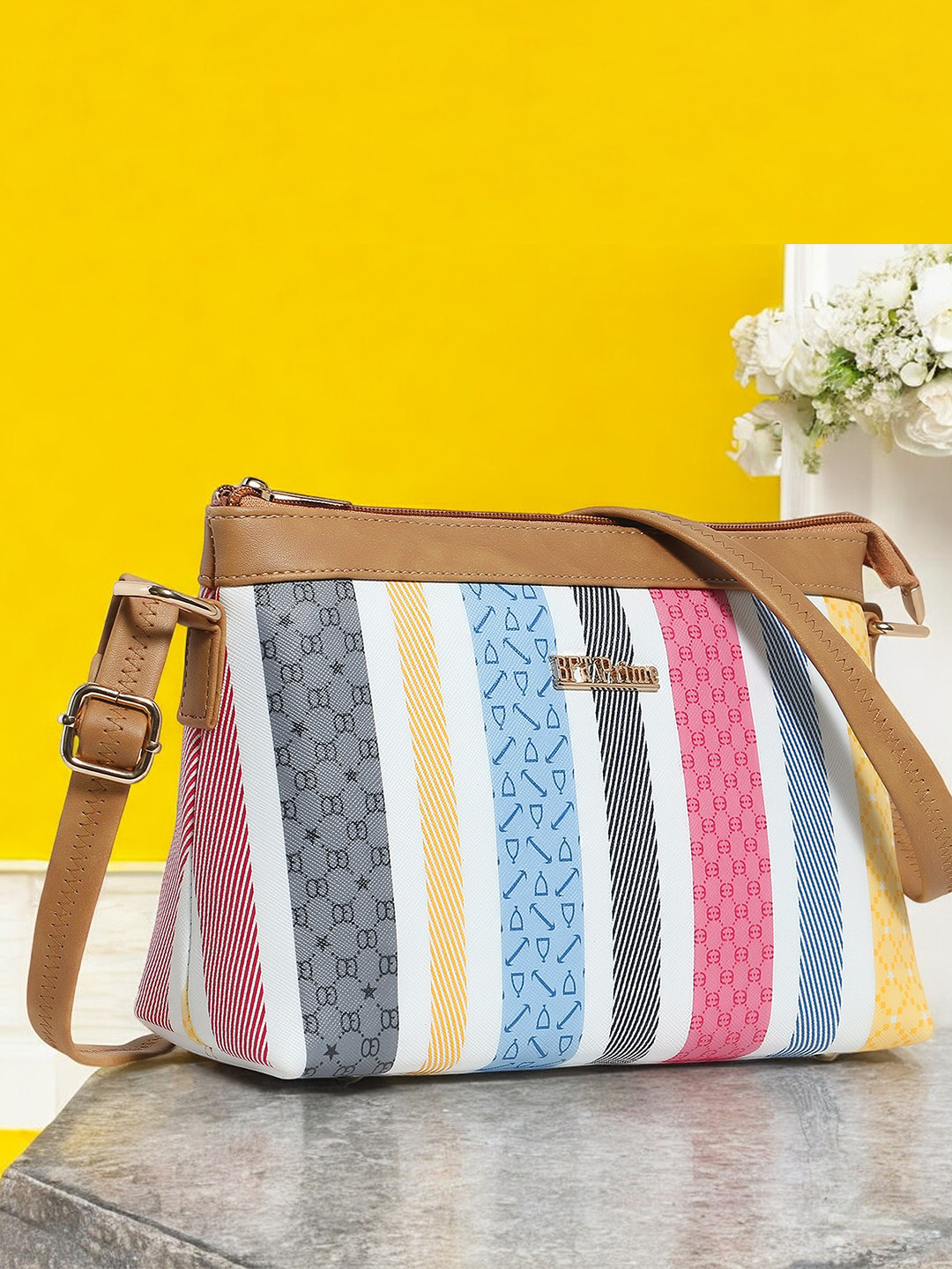 WOMEN MARKS Yellow Printed PU Structured Sling Bag with Quilted