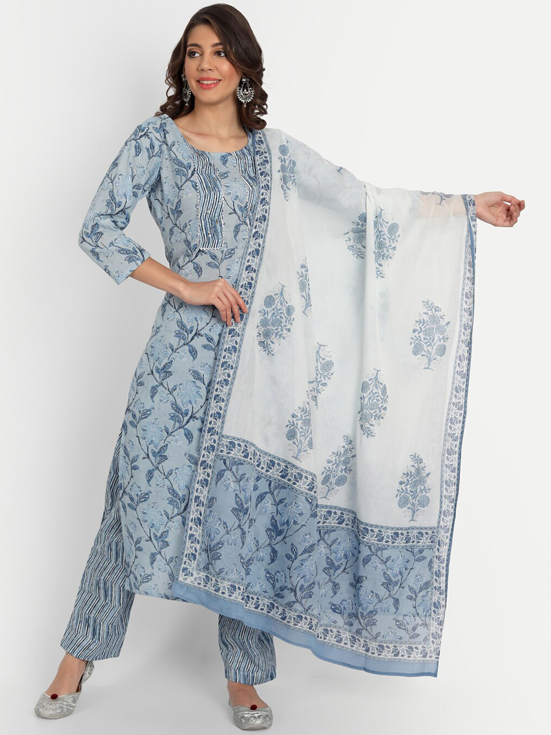 Haute and Humble Floral Print Straight Pure Cotton Kurta with Trousers & Dupatta