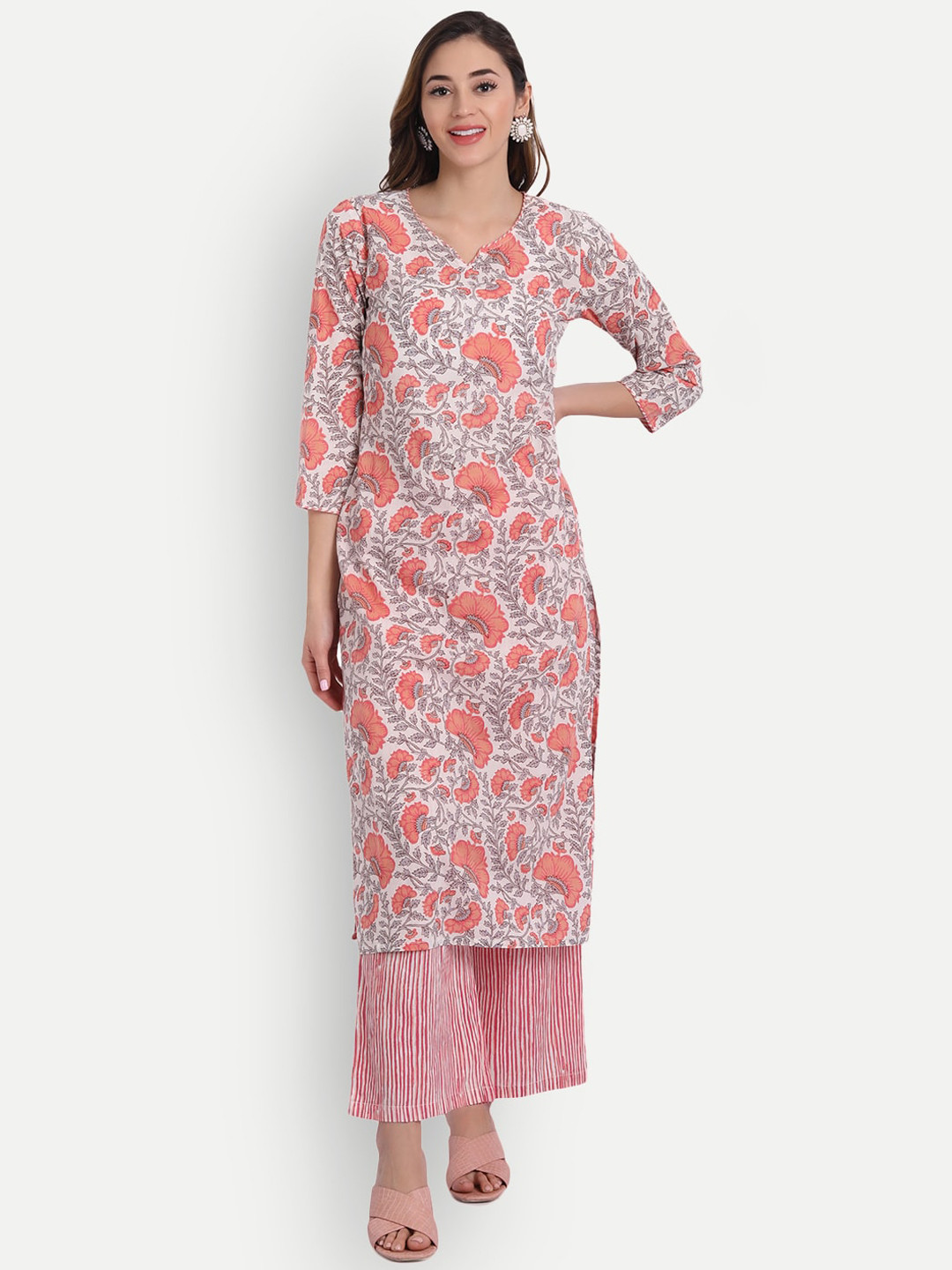 Haute and Humble Women Pink Floral Printed Kurta with Palazzos
