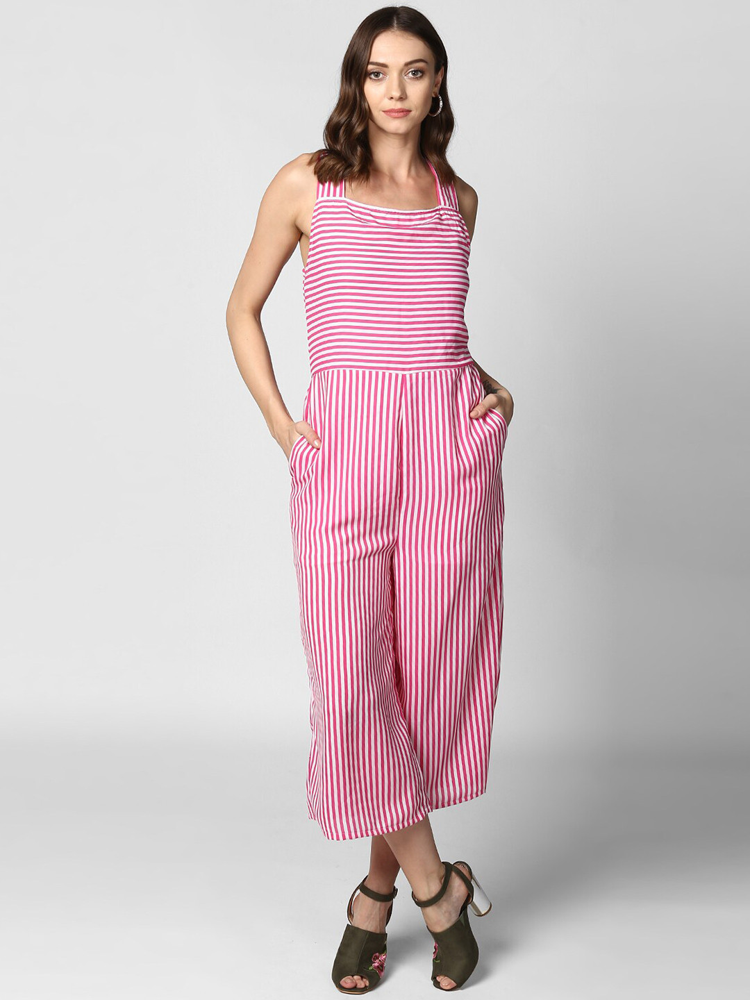 StyleStone Women Pink & White Striped Sleeveless Basic Jumpsuit with Cross Tie Up Back