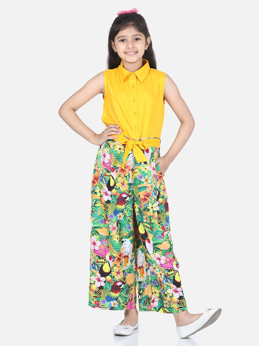 StyleStone Girls Yellow & Pink Printed Basic Two-Piece Jumpsuit