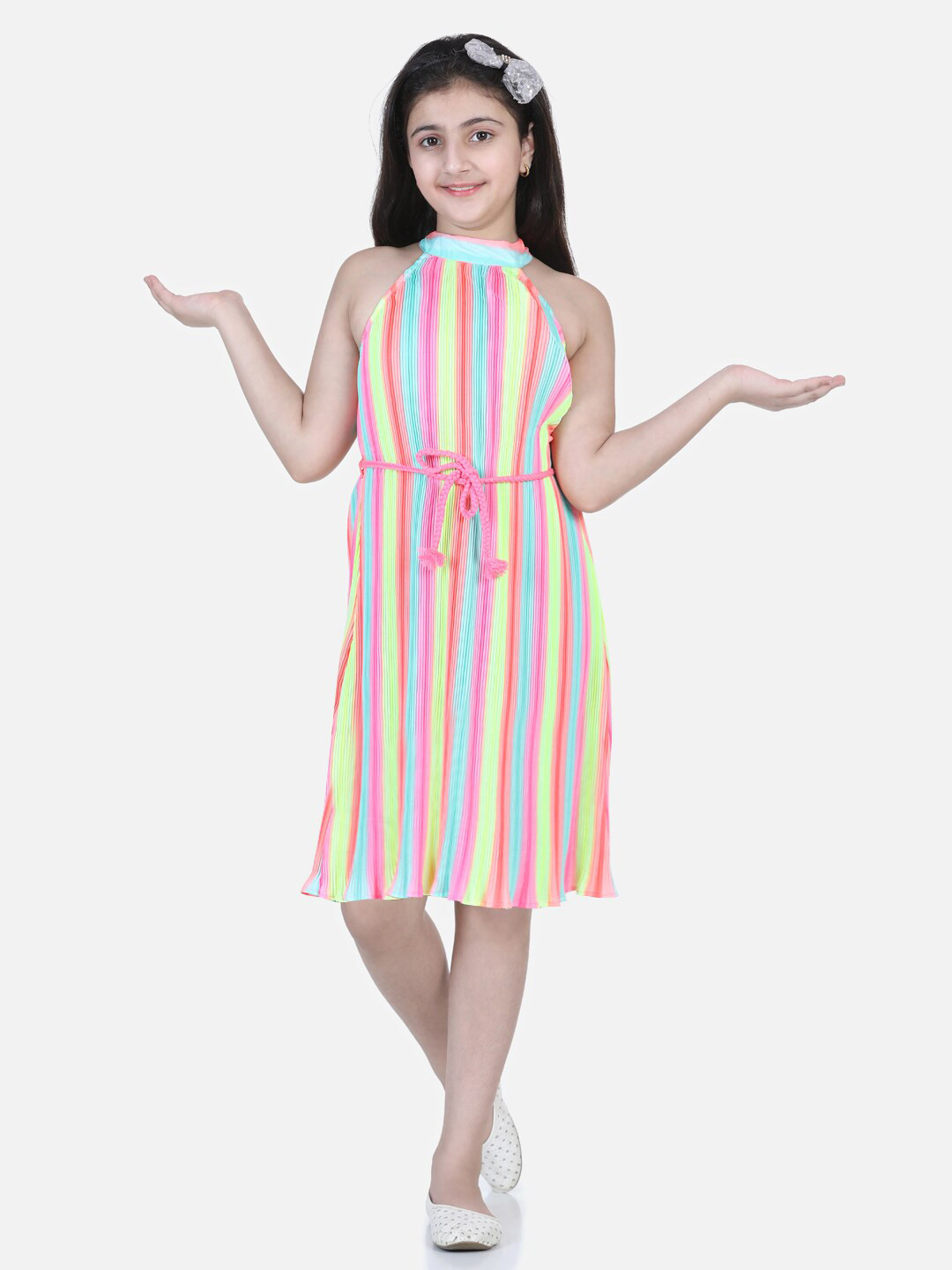 StyleStone Yellow & Red Striped Halter Neck Crepe A-Line Dress
