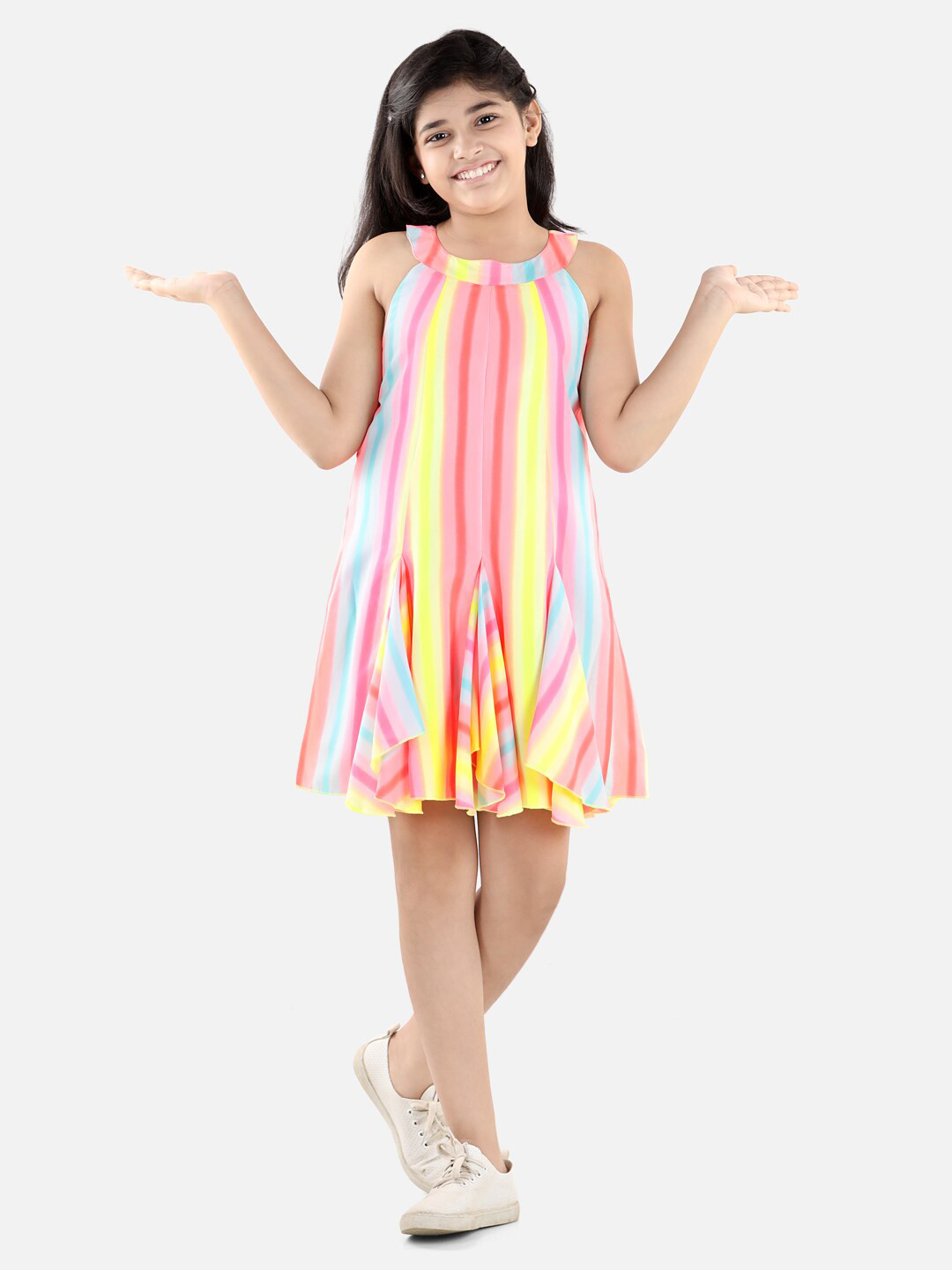 StyleStone Yellow & Red Striped Halter Neck Crepe A-Line Dress