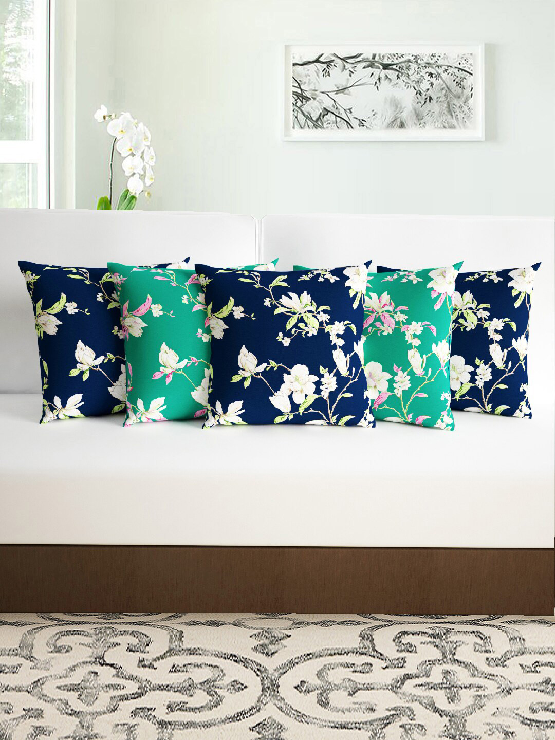 Divine Casa Floral Polyester Anti-Wrinkle 5 Pcs Square Cushion Covers - 16 x 16 In