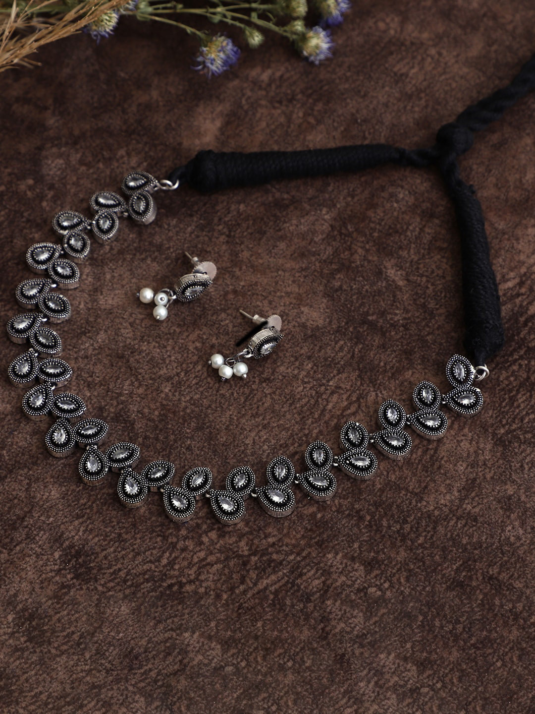 VENI Silver Toned And Black Silver Plated White Stone Studded Oxidized Jewellery Set