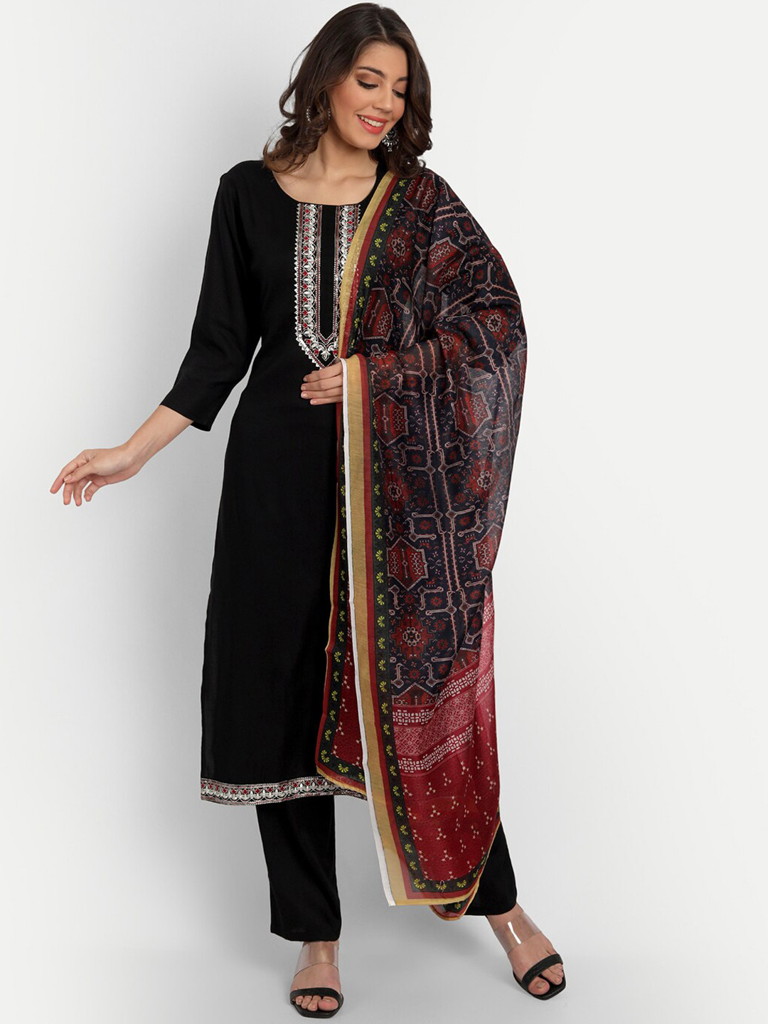 Haute and Humble Women Black Yoke Design Kurti with Trousers & With Dupatta
