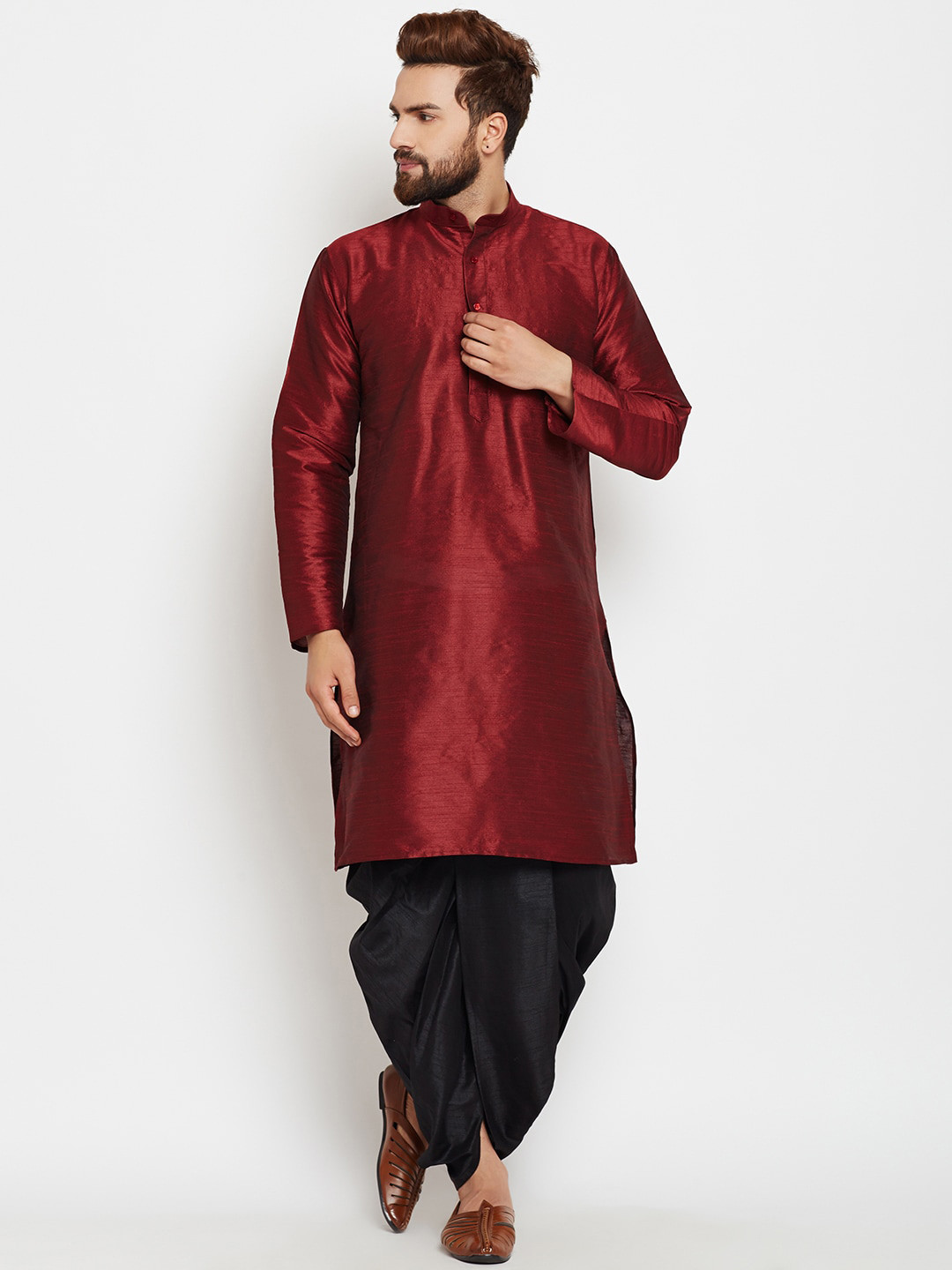 ROYAL KURTA Men Maroon Angrakha Kurta with Dhoti Pants