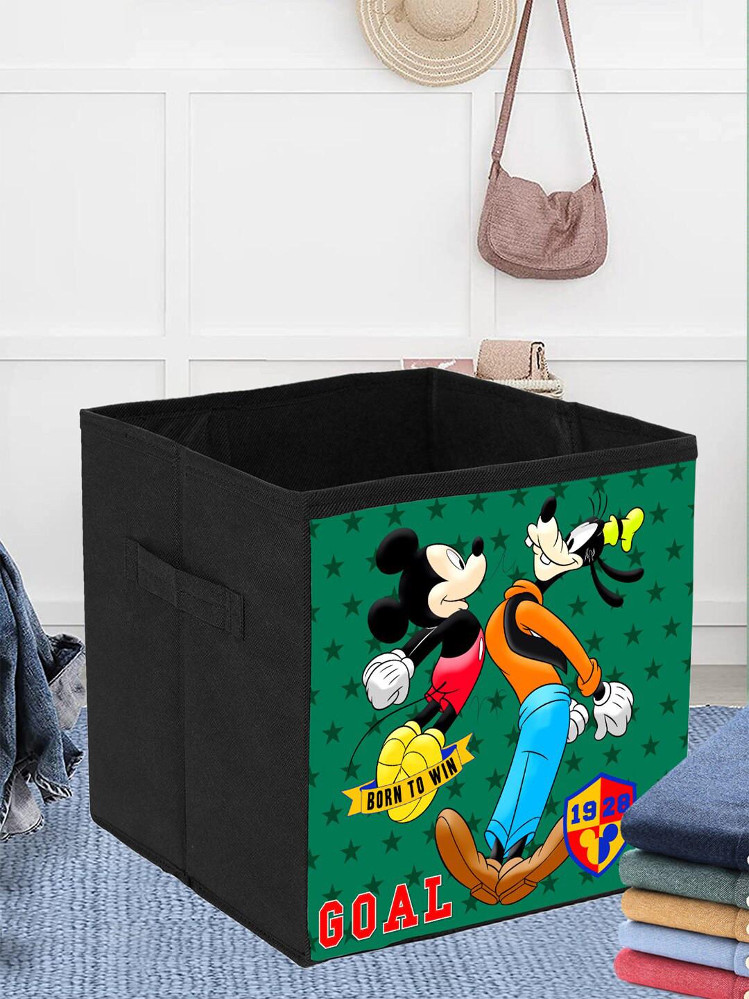 Kuber Industries Set of 3 Black & Green Disney Mickey & Goofy Print Foldable Organisers