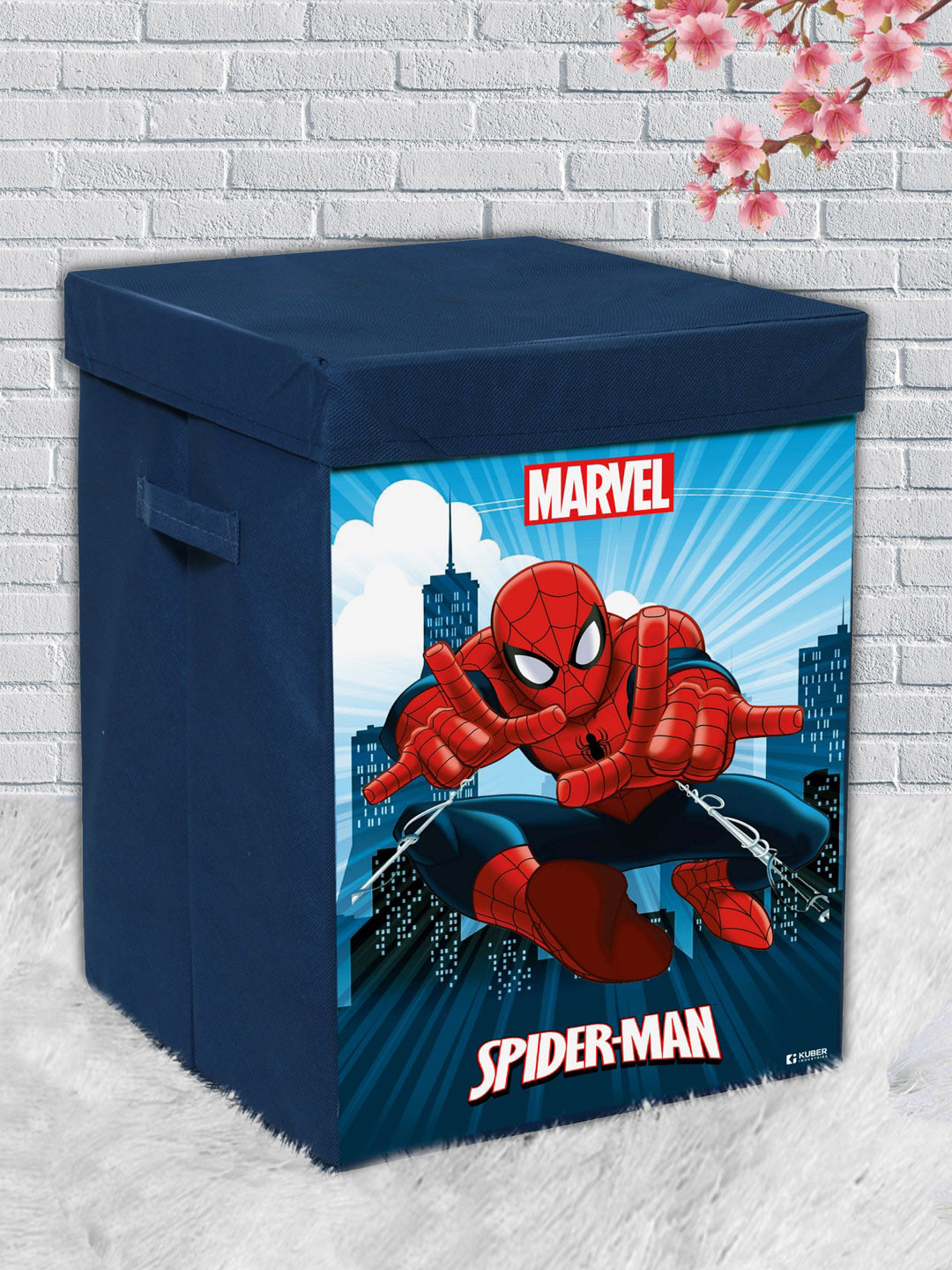 Kuber Industries Set Of 2 Navy Blue Marvel Spiderman Printed Foldable Storage Box With Handle