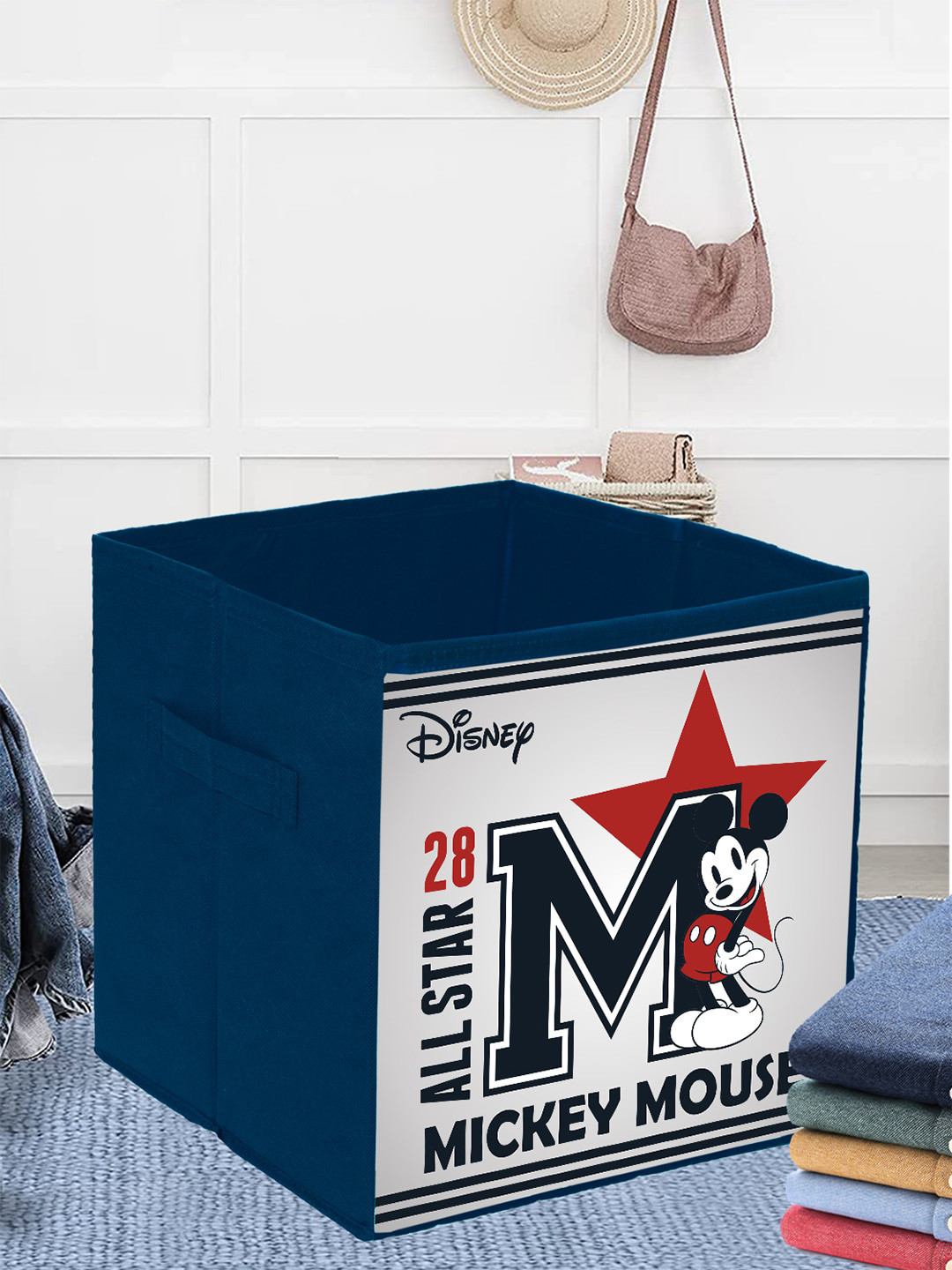 Kuber Industries Blue Disney Star Mickey Printed Foldable Storage Box With Handle