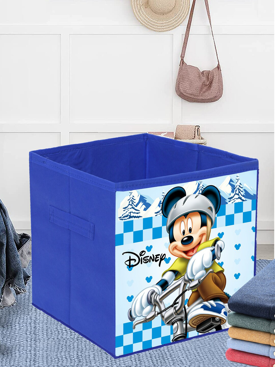 Kuber Industries Set Of 4 Blue Disney Mickey Printed Foldable Organizer Box with Handle
