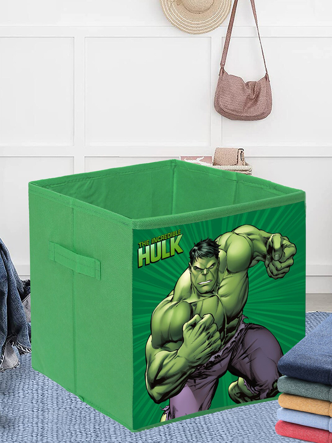 Kuber Industries Set Of 3 Green Marvel Hulk Printed Foldable Storage Box With Handle
