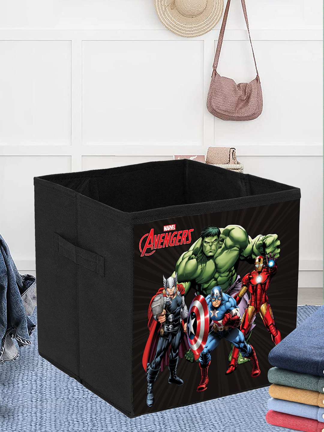 Kuber Industries Set Of 4 Black Marvel Avengers Printed Foldable Box With Handle