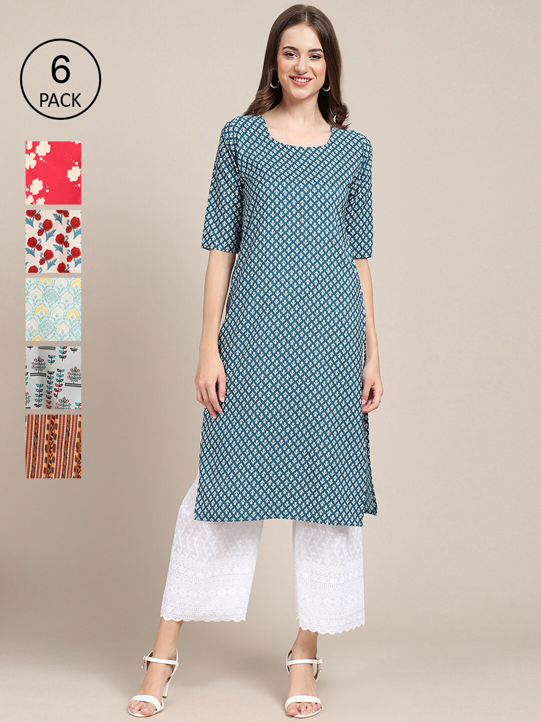 Ethnic basket Women Pack of 6 Printed Straight Crepe Kurta