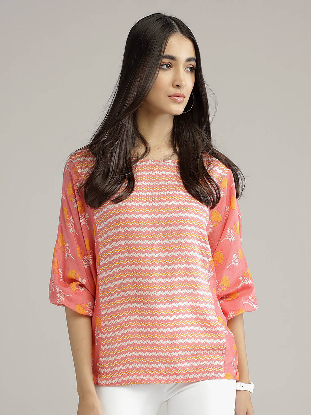 IDK Women Peach-Colored Striped kimono sleeves Top