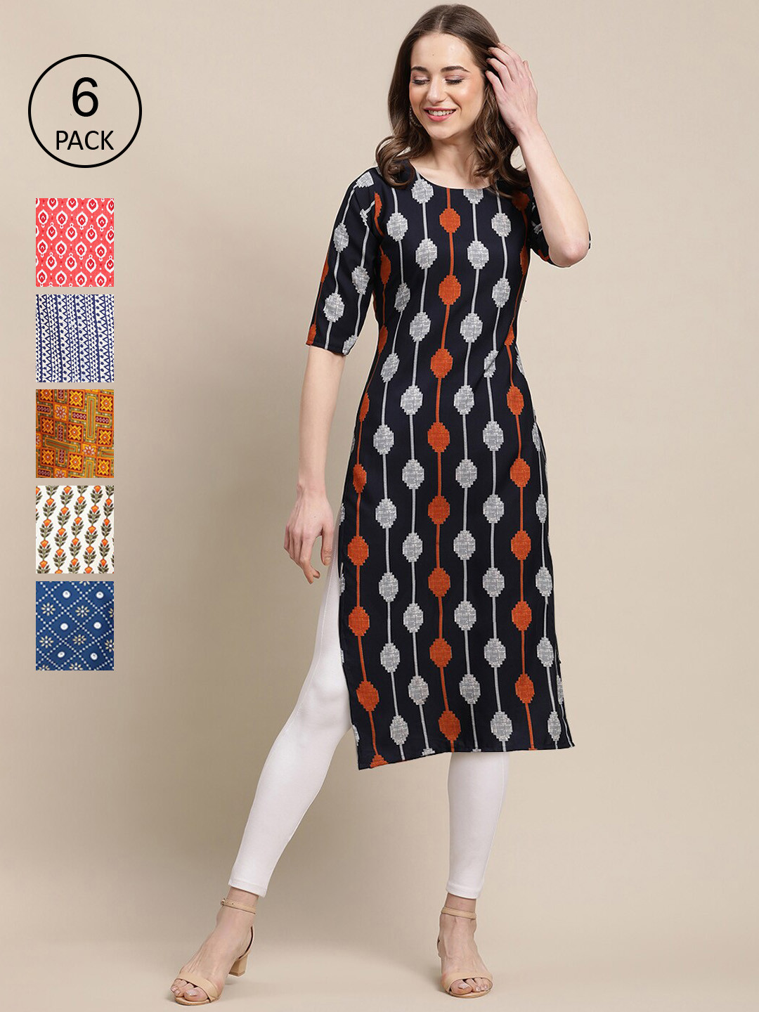 7Threads Women Red & Mustard Yellow Pack of 6 Floral Printed Crepe Kurta