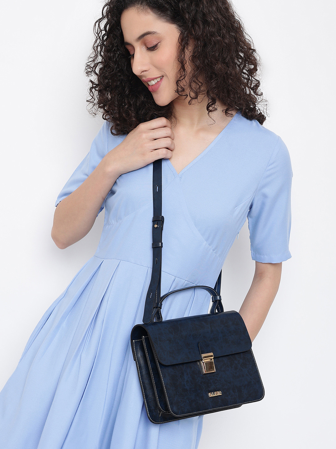 KLEIO Navy Blue PU Swagger Satchel Handbag