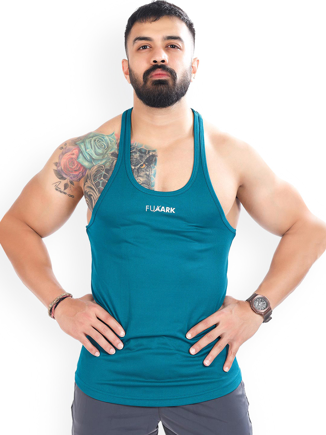 FUAARK Men Teal Solid Stretchable Sweat Wicking Fabric Slim Fit Innerwear Gym Vest