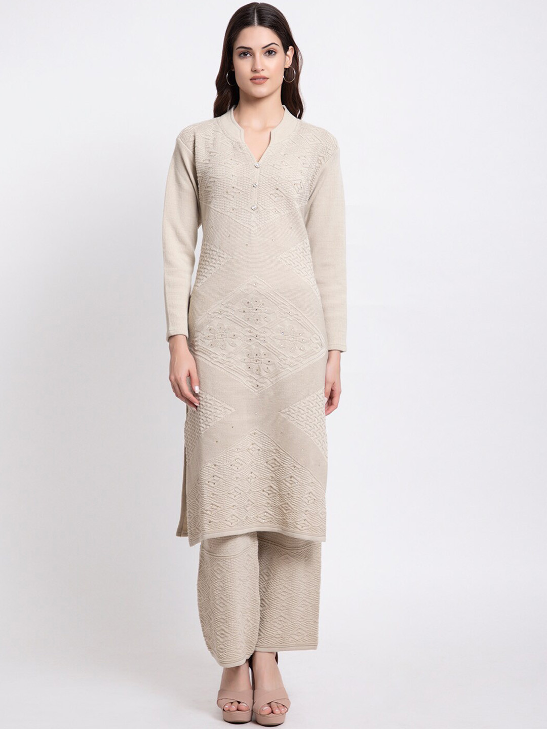 Tysort Mandarin Collar Self Design Woolen Kurta With Palazzos