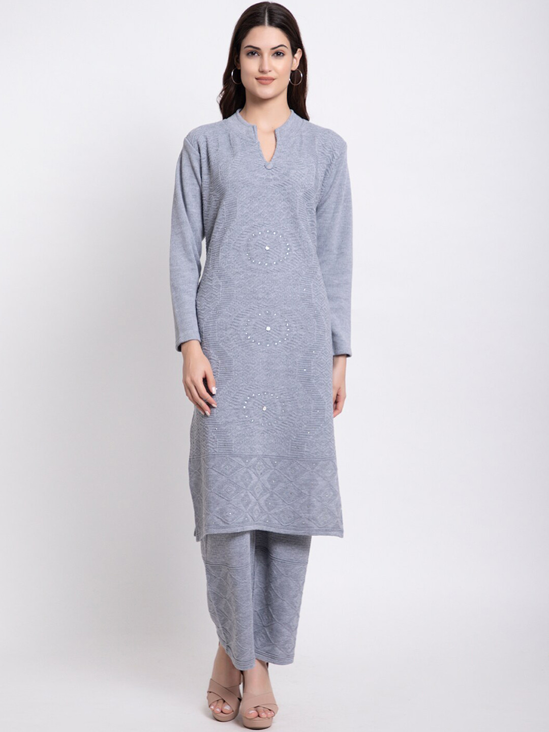 Tysort Mandarin Collar Self Design Woolen Kurta With Palazzos