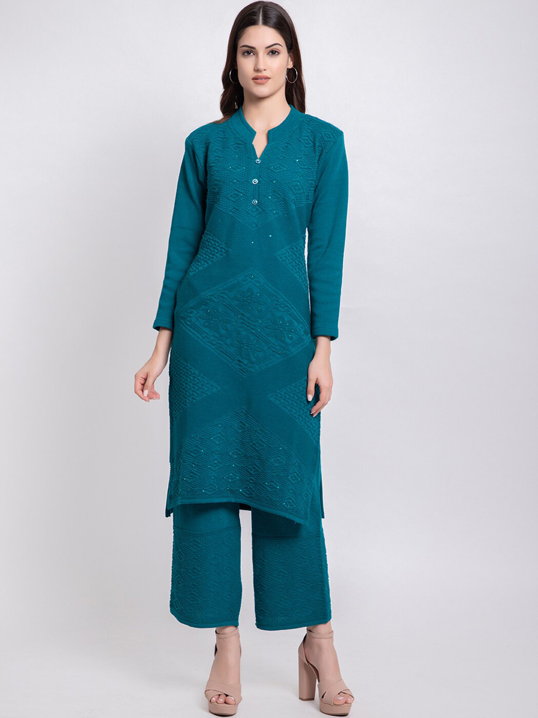 TYSORT Beads and Stones Woolen Kurta with Palazzo