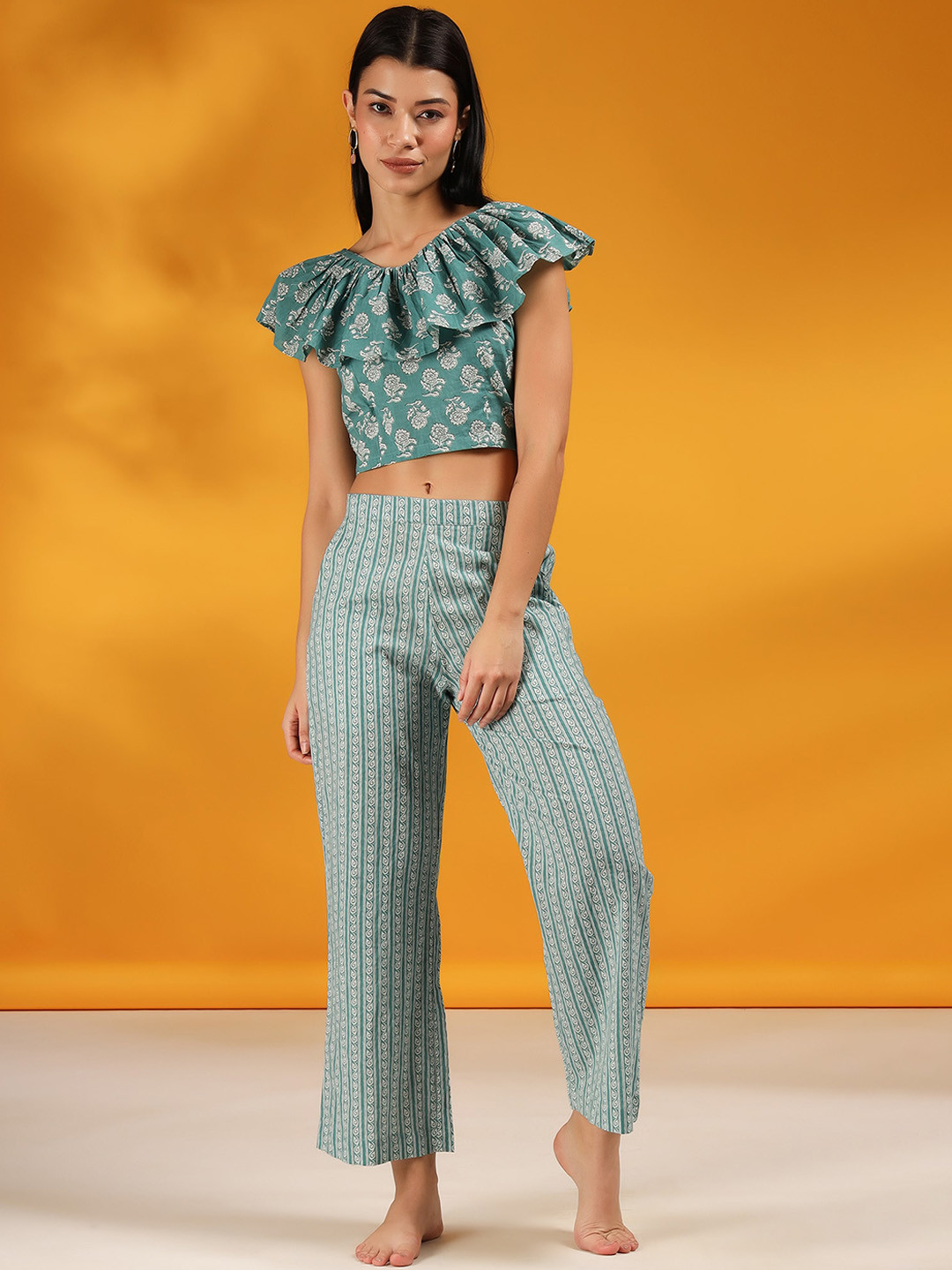 JISORA Women Teal Printed Pure Cotton Co-Ords Set