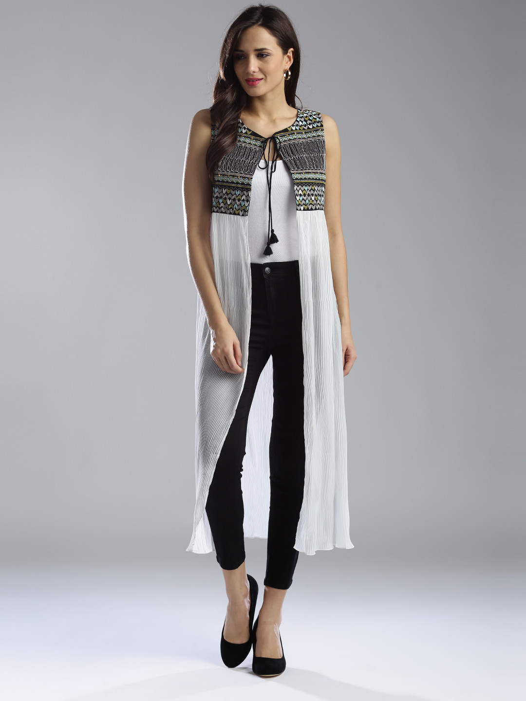 W Women White & Black Patterned Longline Ethnic Jacket