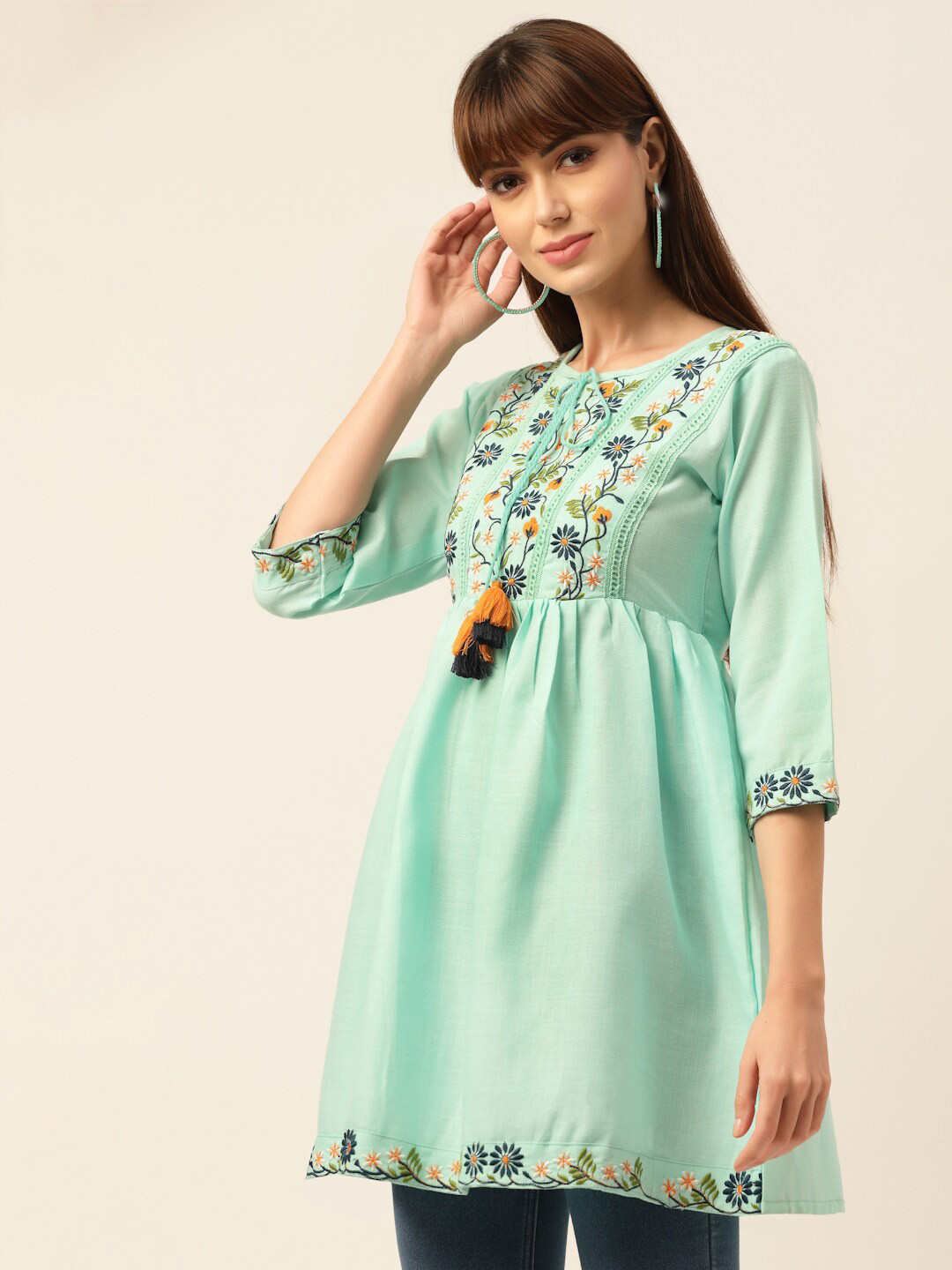 Sangria Women Sea Green Floral Embroidered Pure Cotton Thread Work Pleated Short Kurti