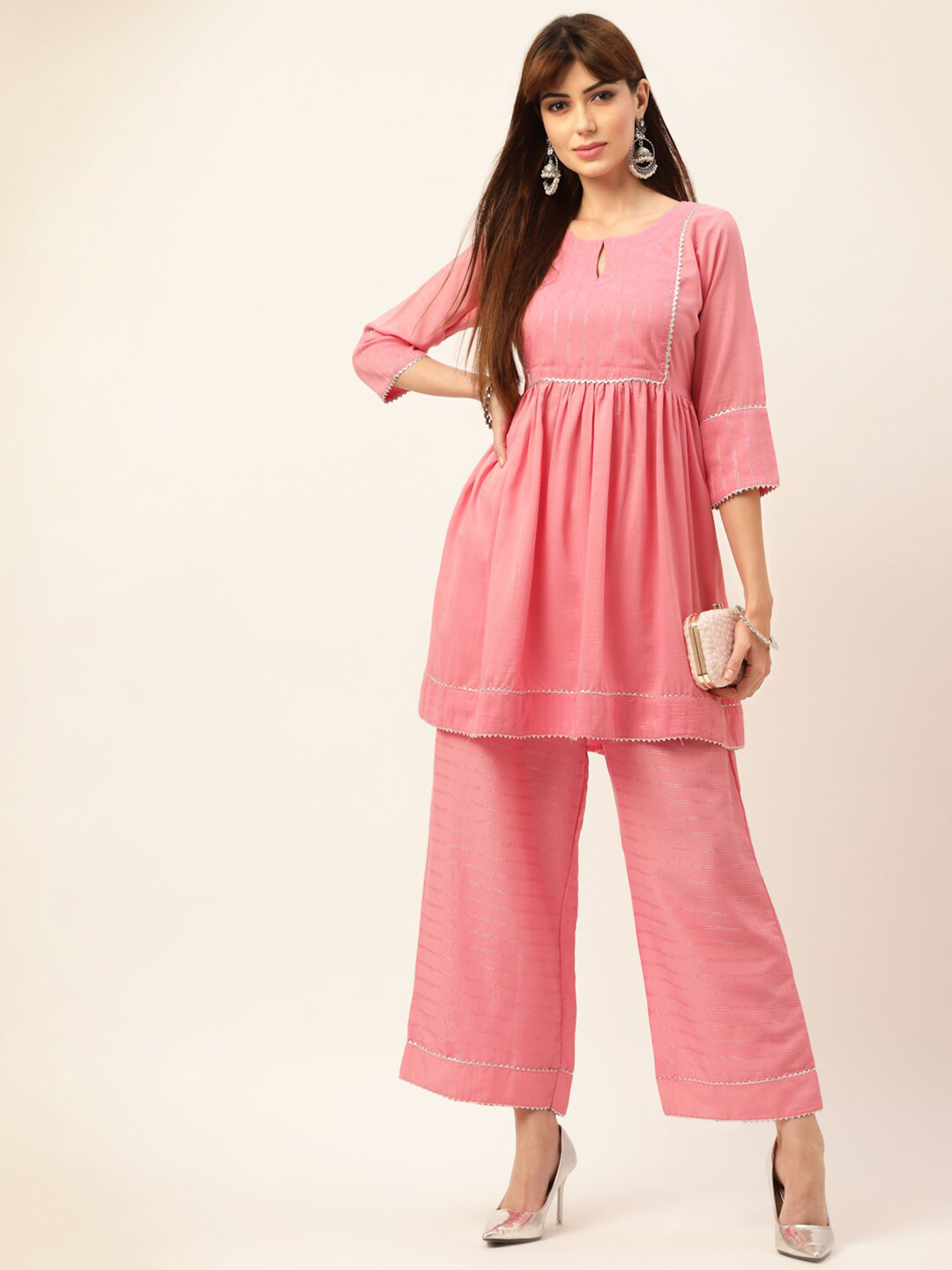 Sangria Women Pink Yoke Design Pure Cotton Kurti with Palazzos