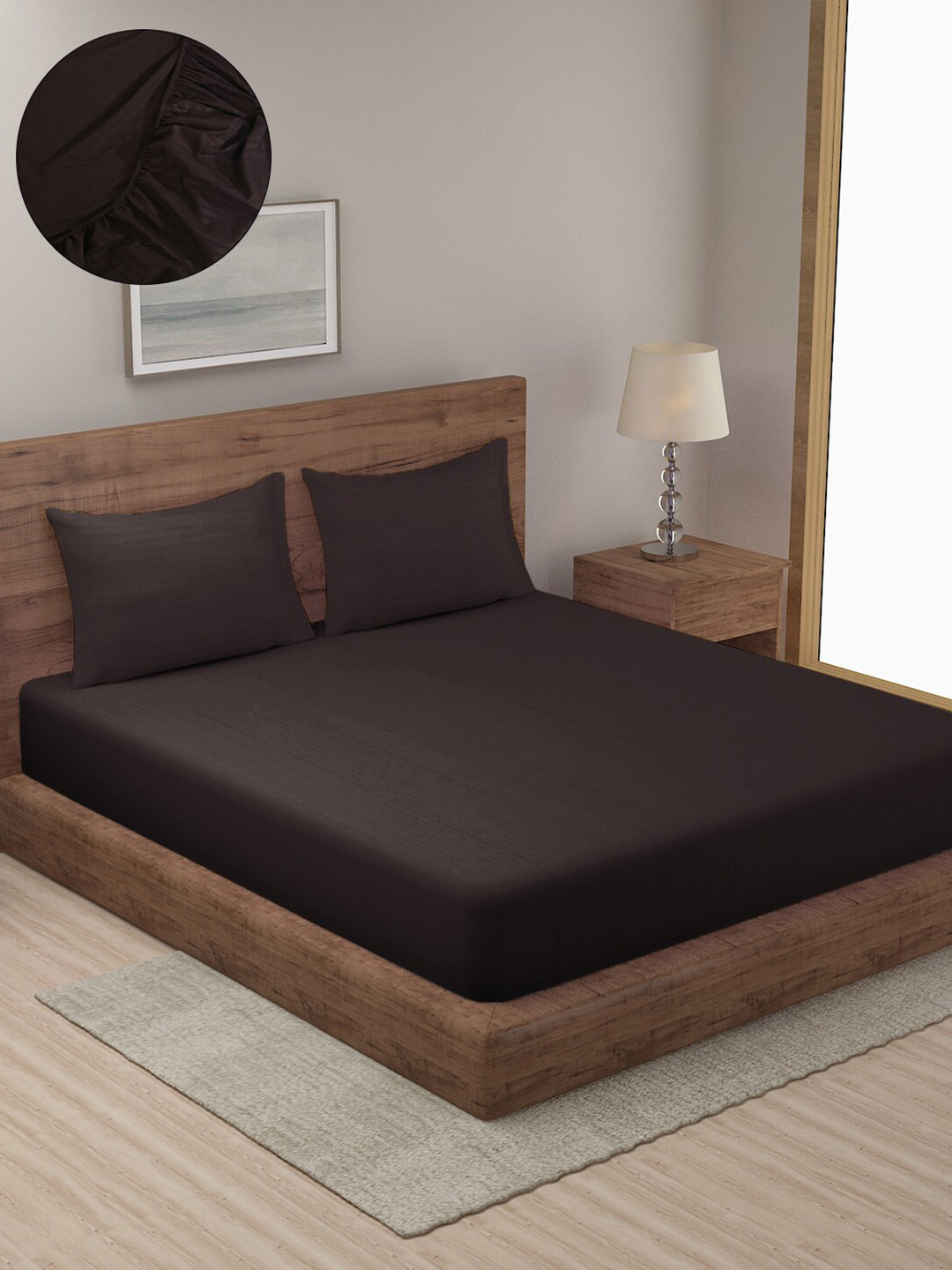 SOKNACK Brown Striped Polycotton 300 TC Fitted Queen Fine Bedsheet with 2 Pillow Covers-228 x 274 cm