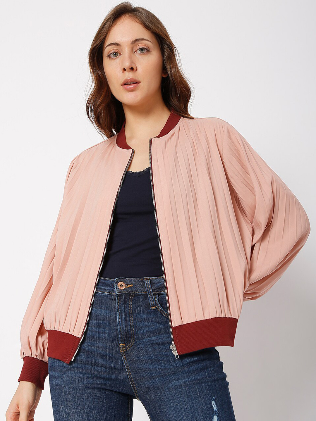 Vero Moda Women Pink Mandarin Collar Bomber Jacket