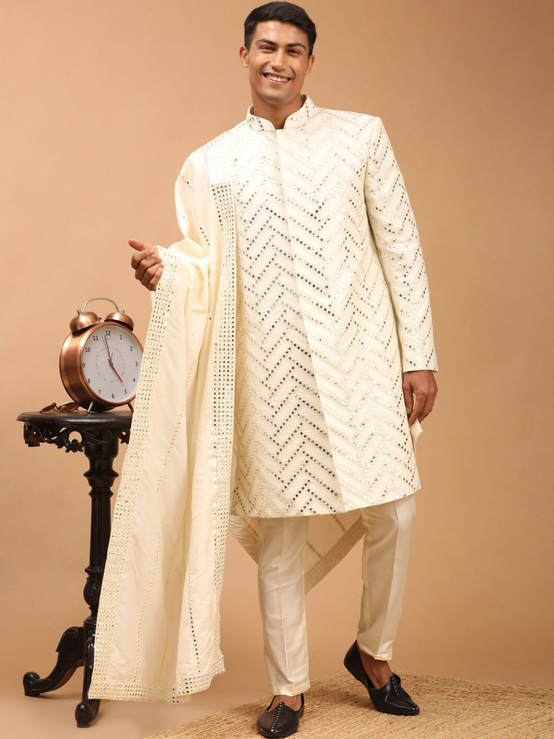 VASTRAMAY Men Cream-Colored Mirror Work Sherwani Set With Dupatta